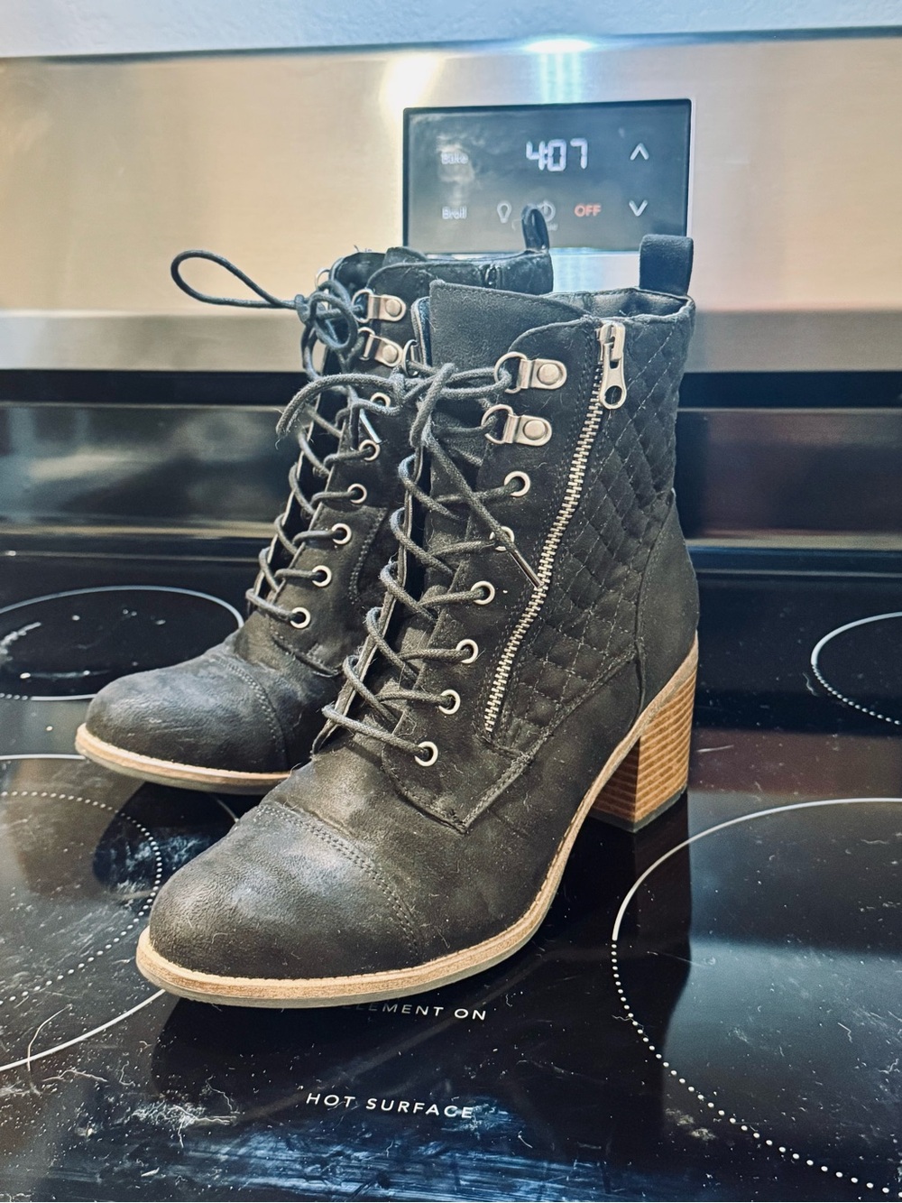 White Mountain Black Quilted Lace-Up Block Heel Ankle Boots